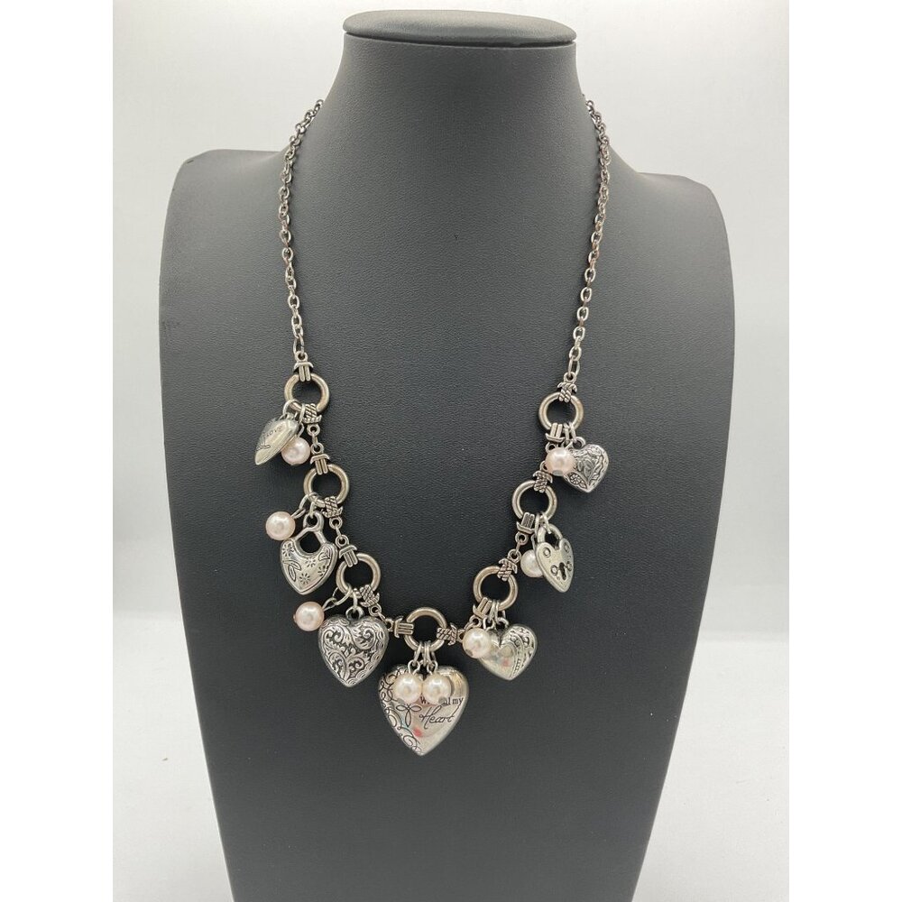 Heart Charm Necklace With Pearl Accents & Love Engravings
